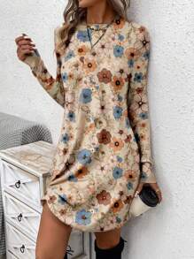 SHEIN LUNE 1 chiếc đầm nữ kiểu dáng thường ngày, họa tiết hoa retro, thắt nút, thích hợp cho mùa thu đông, phong cách boho chic, thường ngày. - trắng - Xem 4