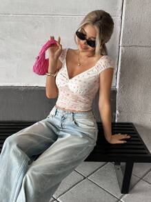 Chiquease Top camisero corto con estampado floral de lunares y lazo, para mujer, estilo de verano - Albaricoque - Ver 6