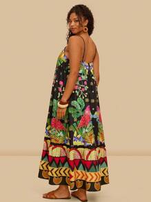 Travachic Váy in hình con vẹt nhiệt đới Boho cỡ lớn cho nữ, Váy hai dây thoải mái cho kỳ nghỉ hè, bãi biển - màu đen - Xem 2