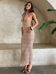 Aloruh 女士春夏度假露背钩针紧身长款性感金色连衣裙 - 金色 - 查看 6
