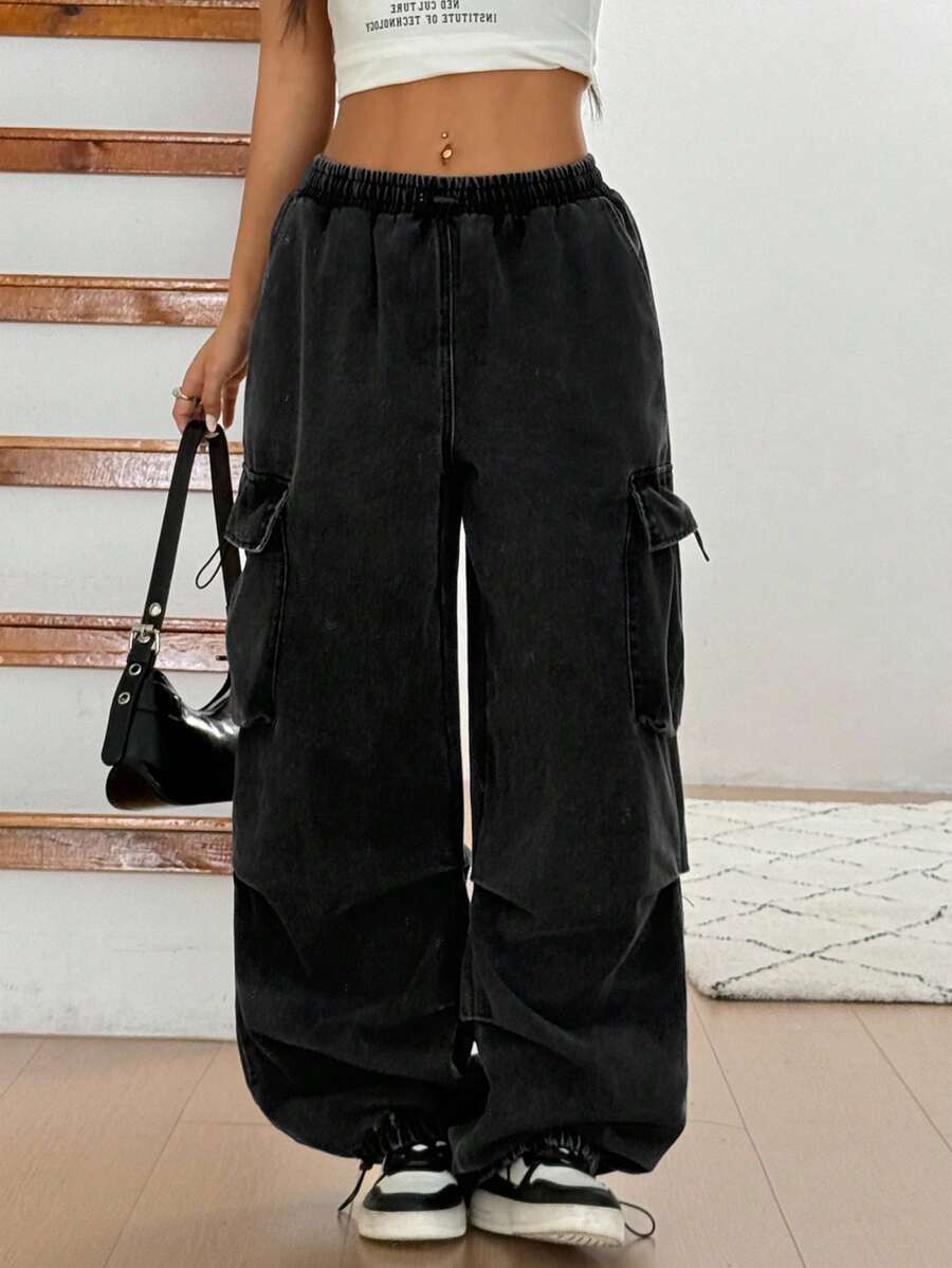 SHEIN ICON 女式实用口袋褶皱阔腿宽松休闲百搭牛仔裤 - 黑色 - 查看 1