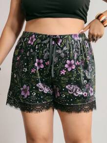 ROMWE Fairycore Plus Size Women Lace Trim Velvet Elastic Waist Shorts, Can Be Worn As Undershorts - Dark Green - View 5