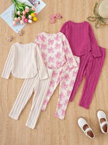 Genkimix Kids 3pcs/Set Toddler Girls Fluffy Striped Ribbed Crew Neck Top With Arc Hem, Pants And Rose Red Solid Color Bow Pattern Casual Fashion Outfit - Multicolor - View 2