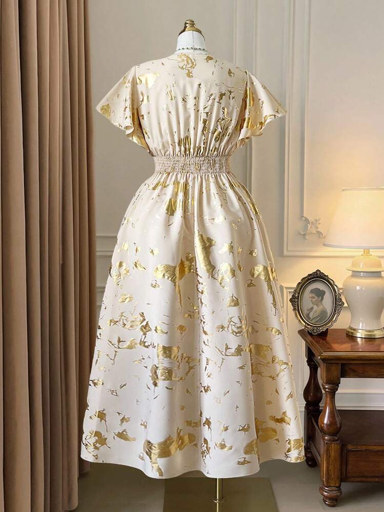 Rometta Plus Size Women Elegant Commuter Gold Foil Print Overlap V-Neck  Ruffle Hem Long Dress | SHEIN USA