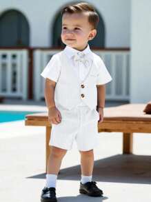 Souflis Souflis Set de 2 piezas para niño pequeño, camisa de manga corta con cuello vuelto y pantalones cortos a cuadros con parche
