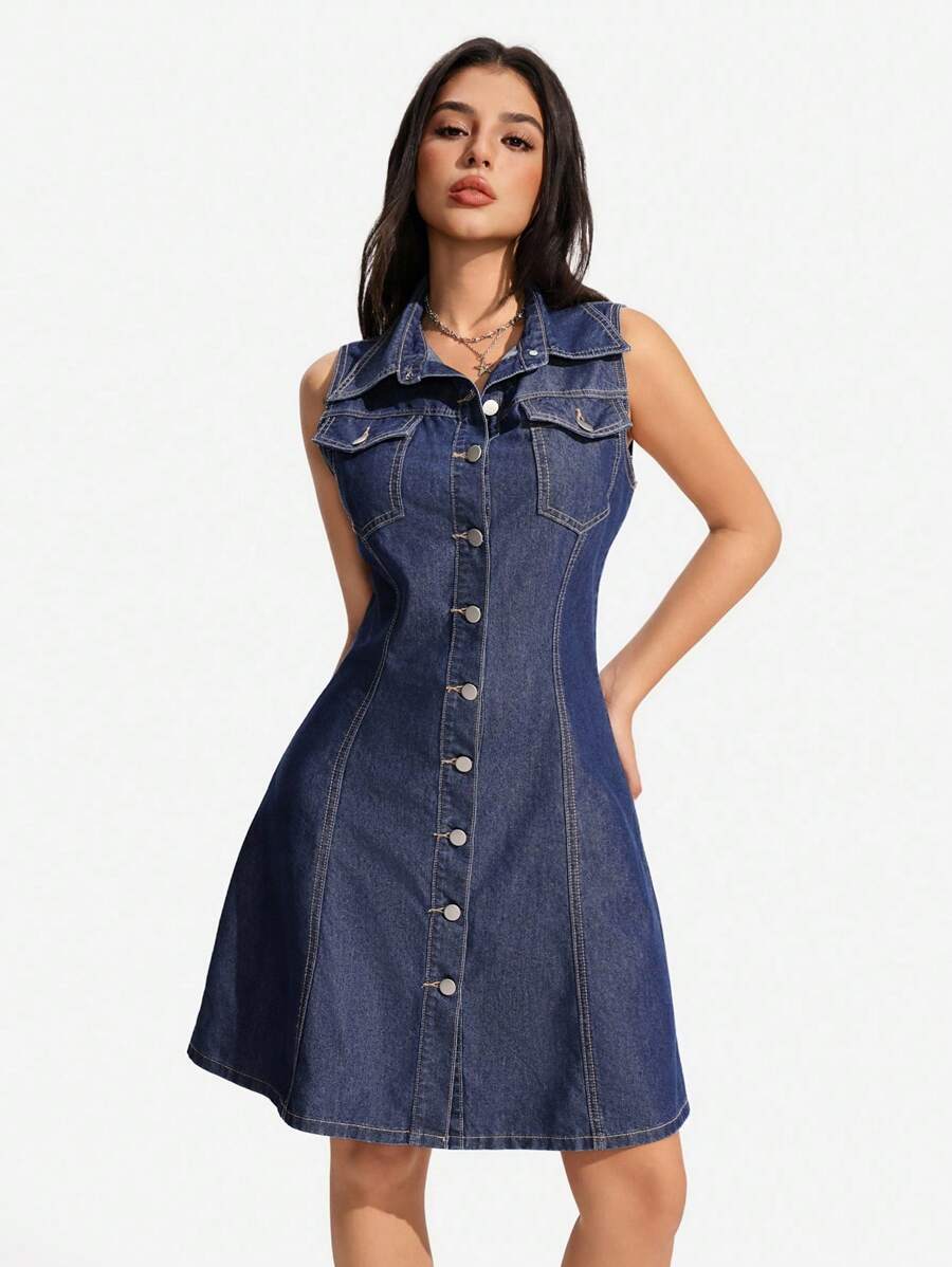 SHEIN PETITE 女式夏季休闲纽扣前褶腰无袖牛仔连衣裙 - 藍色 - 查看 1