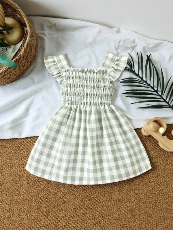 SHEIN Vintaside Kids Baby Girl Gingham Print Ruffle Trim Dress, For Christmas