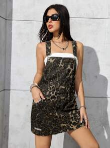 SHEIN PETITE 豹纹无袖夏季休闲牛仔连衣裙 - 棕色 - 查看 7