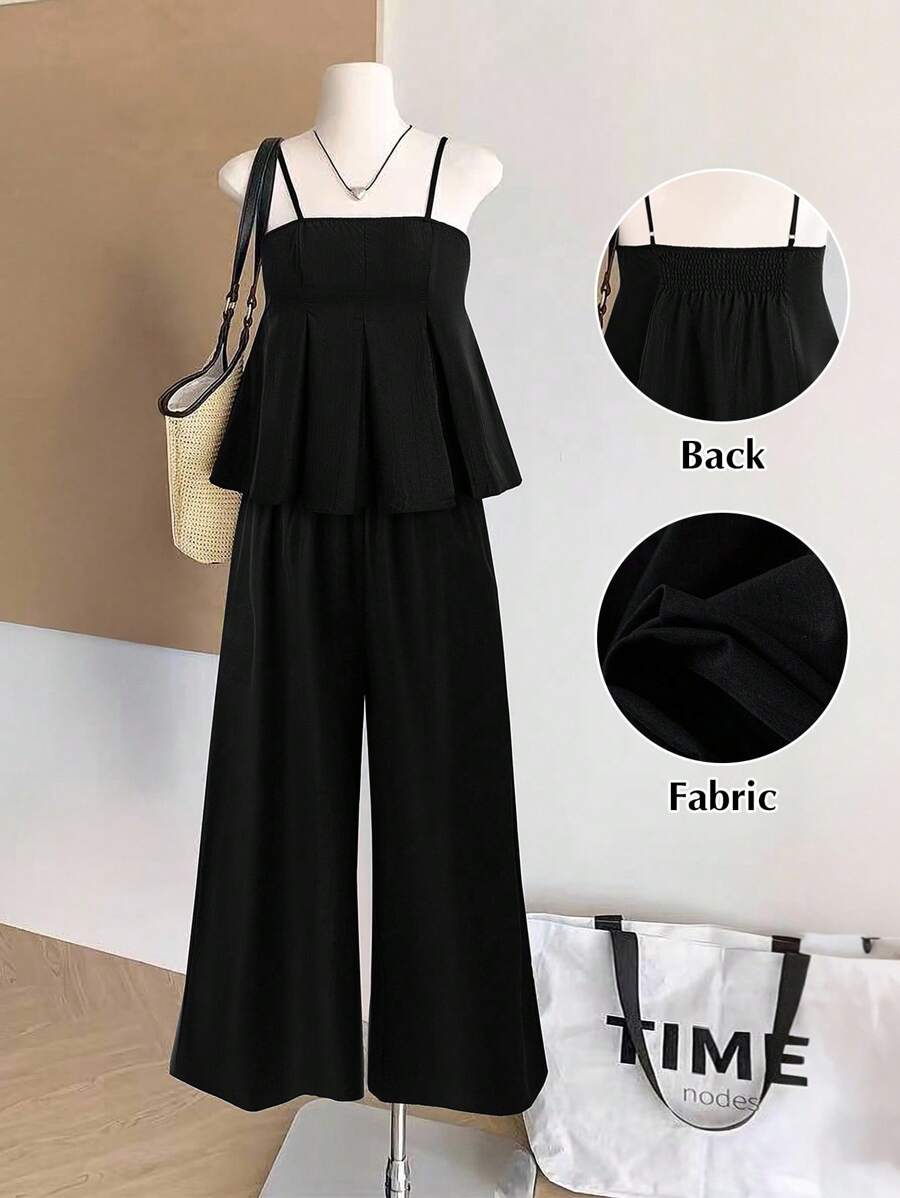 SHEIN LUNE 大码女式方领褶皱吊带背心和阔腿裤休闲两件套 - 黑色 - 查看 1