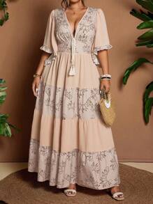 Flirla Plus Size V-Neck Color Block Floral Print Ruffle Sleeve Maxi Dress, Elegant Vintage Bohemian Casual Holiday Dress - Multicolor - View 5