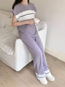 SHEIN 2 件套青少年女孩撞色针织纯色拼布缎带饰边落肩短袖 T 恤和裤子休闲装，适合返校/情人节/夏季 - 彩色 - 查看 4