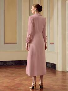 ZEYLAH Women's Solid Color Lapel Collar Long Sleeve Elegant Midi Dress With Embroidery Decor And Single-Breasted Button - Pink - View 3