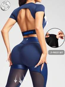 Innovista Woman Color Block Contrast Stitching Shiny Foil Glossy Metallic Activewear Sports Sets Sophisticated Two Tone Letter Tape Design Workout Clothes Athletic Outfits Training Breathable Active Crop Top T-Shirt With Booty Lifting Leggings Phone Bottom Two Pieces Daily Yoga Cycle Biker HIIT Office To Court Brunch To Gym Two Pieces Multi Function Athleisure All Day