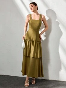CLARA VERO Vestido largo de lino elegante con volantes en color amarillo para mujer