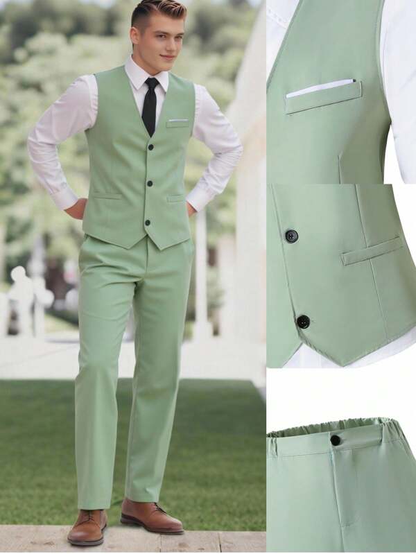 Set de 2 piezas de ropa formal para niño adolescente tipo caballero: chaleco ajustado de color liso + pantalones texturizados, conjunto elegante para fiesta de cumpleaños, boda, invitado de boda, paje, pajecillo de anillo