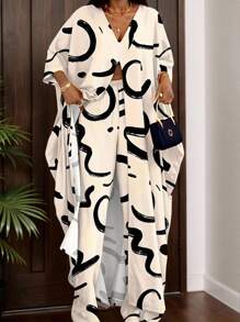 INAWLY Set de 2 piezas: Blusa larga casual con estampado abstracto y pantalones, para mujer