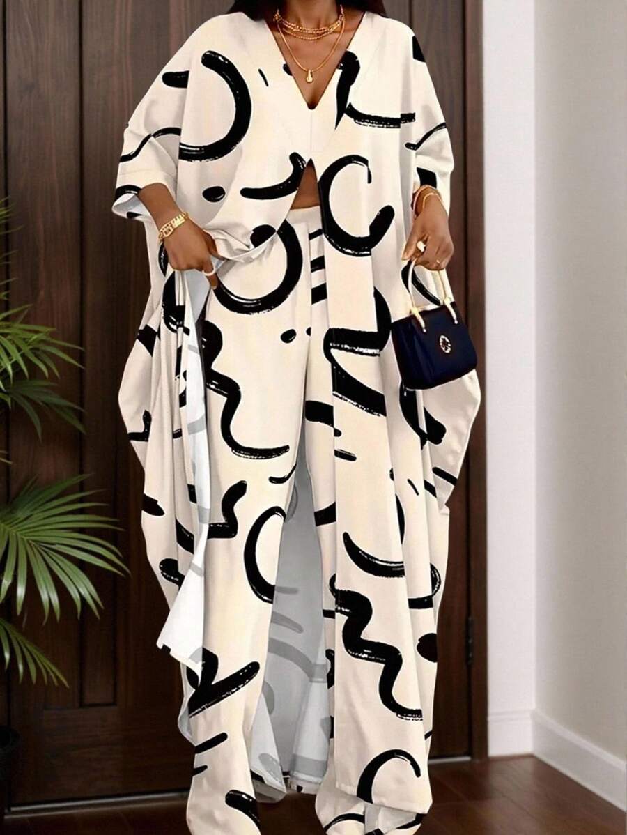 INAWLY Set de 2 piezas: Blusa larga casual con estampado abstracto y pantalones, para mujer