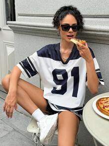 INAWLY Women's Summer V-Neck Short Sleeve Casual T-Shirt With Digit Stripe Print Graphic Tees Women Tops