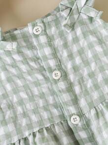 Baby Girls Casual Embroidered Green & White Plaid Flutter Sleeve Bowknot Waist Ruffle Hem A-Line Dress, Simple & Fresh For Summer - Multicolor - View 7
