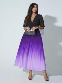 Viva Relle 大码女式优雅浪漫夏日度假连衣裙，V 领裹领雪纺荷叶边袖短袖，腰带，渐变色，褶皱，飘逸长裙 - 紫色 - 查看 3