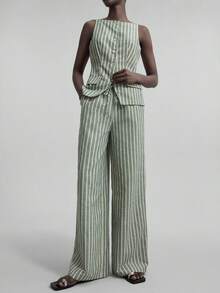 Ontre Conjunto de 2 piezas de pantalones a rayas de lino y camiseta para mujer, atuendo casual de negocios, adecuado para salidas, playa, vacaciones, festivales de música, estilo bohemio, otoño