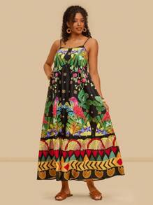 Travachic Váy in hình con vẹt nhiệt đới Boho cỡ lớn cho nữ, Váy hai dây thoải mái cho kỳ nghỉ hè, bãi biển - màu đen - Xem 5