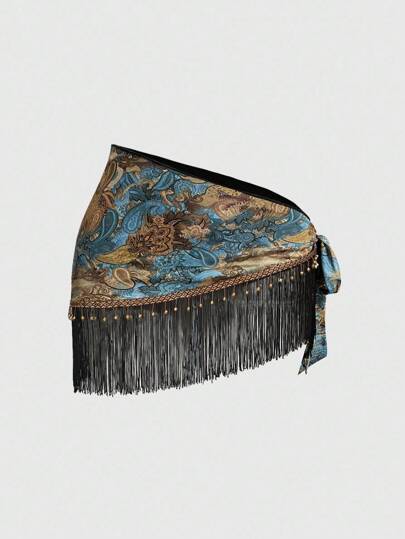 Hippie Falda plisada con cordón, de talla grande, para mujer, con estampado de paisley, adorno de cuentas de madera y borlas, de estilo vintage, hippie, occidental y bohemio, ideal para festivales de música