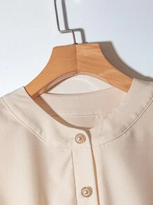 SHEIN LUNE 女士纯色褶皱前扣优雅长袖衬衫 - 杏色 - 查看 5