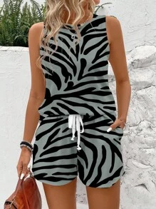 SHEIN LUNE 2pcs Women Casual Animal Print Zebra Pattern Round Neck Tank Top And Shorts Set, Suitable For Summer Suitable For Going Out - Multicolor - View 4