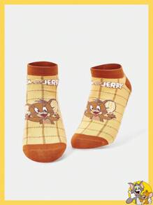 TOM & JERRY X SHEIN 1双女士格子卡通图案时尚可爱短袜 - 黃色 - 查看 3
