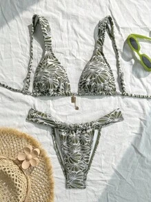 Swim Vcay Conjunto de dos piezas de ropa de playa para mujer de primavera y verano, traje de baño triangular de unicolor con textura única y decoración con colgante, conjunto de bikini para vacaciones en la playa - Multicolor - Ver 1