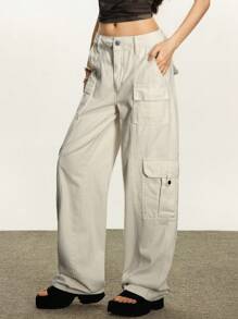 Rina Fox Jeans cargo casuales de ajuste ceñido con bolsillos parche de unicolor - Albaricoque - Ver 5