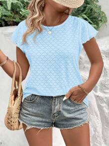 EMERY ROSE Women Plus Size Round Neck Ruffle Sleeve Casual Versatile T-Shirt - Baby Blue - View 1