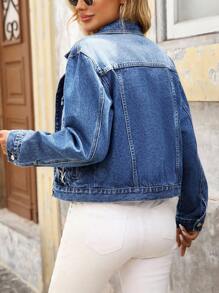 EMERY ROSE Women's Long Sleeve Floral Embroidered Single-Breasted Casual Denim Jacket - Blue - View 2