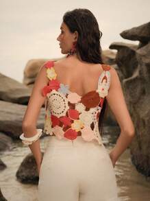Anewsta Contrast Color Hollow-Out Asymmetric Hem Fashionable Crochet Knit Coverup Vest For Summer Beach Vacation - Multicolor - View 2