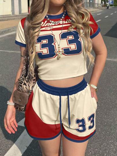 Rovax 女士休闲夏季运动氛围数字和字母印花撞色短袖短款上衣和抽绳腰短裤 2 件套