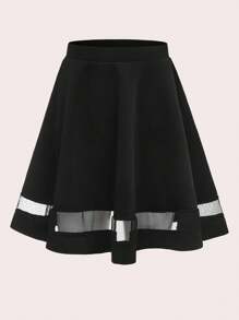 Ellevyn Wide Band Waist Mesh Insert Flare Skirt