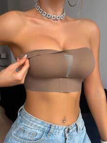 SHEIN Black Sexy One-Shoulder Front Hook Gathered Strapless Bra - Mocha Brown - View 3