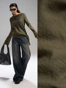 LYSMO 休闲纯色船领长袖前系带 T 恤