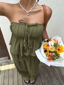 SHEIN EZwear Army Green Woven Linen Women Camisole Top And Pants Casual 2-Piece Set - Army Green - View 3