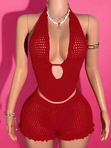 Slaydiva Bộ 2 áo len crop top ngắn tay buộc dây màu trơn thời trang xuân hè mới cho nữ, đi nghỉ mát, thường ngày, có viền nhún bèo, quần short mini 2 món - Đỏ - Xem 5