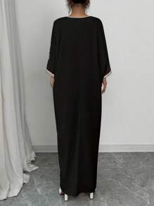 Rafferiza Women's V-Neck Placement Print Batwing Sleeve Slit Dress - Black - View 2