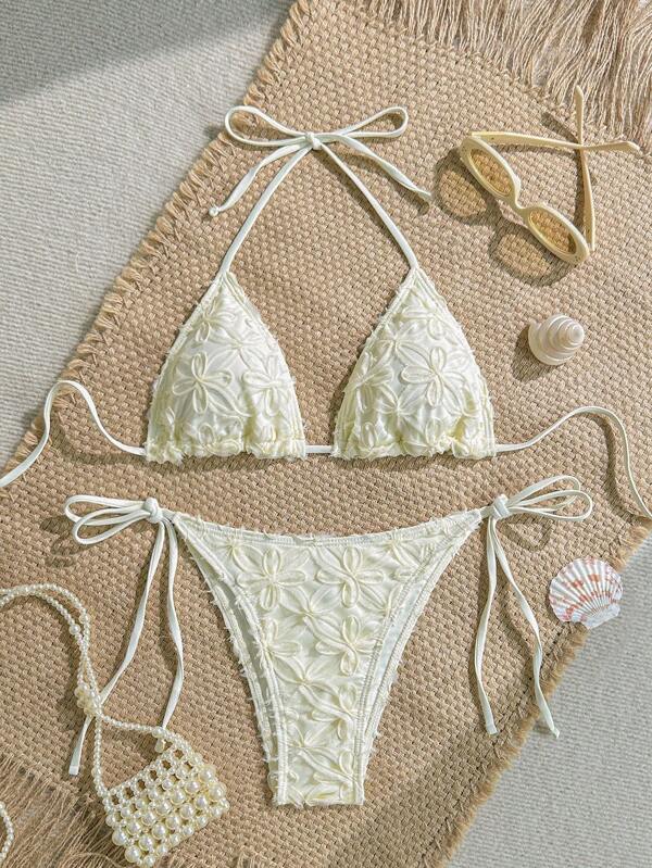 Soleia Set di 2 pezzi di bikini da donna con ricami in rete e lacci, per le vacanze