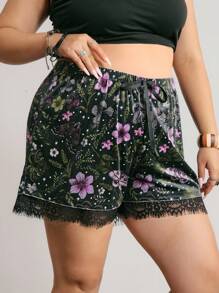 ROMWE Fairycore Plus Size Women Lace Trim Velvet Elastic Waist Shorts, Can Be Worn As Undershorts - Dark Green - View 6
