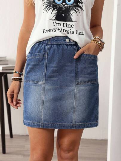 EMERY ROSE Plus Size Casual Washed Denim Skirt With Dual Pockets