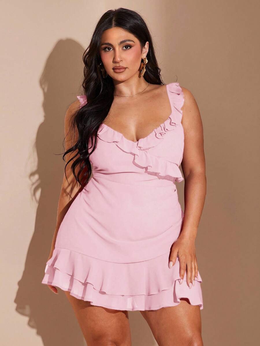 SHEIN BAE 大码女式春夏浪漫性感 V 领甜美可爱优雅百搭约会夜红色荷叶边下摆迷你连衣裙，海滩度假派对短裙