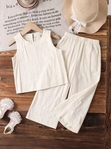 2pcs/Set Young Girl Woven Solid Color Jacquard Ruffle Hem Blouse And Loose Casual Pants