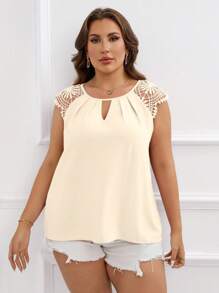 SHEIN Clasi Plus Contrast Guipure Lace Keyhole Neck Blouse,Business Casual Woman,Going Out Tops,Teacher Shirts - Apricot - View 6