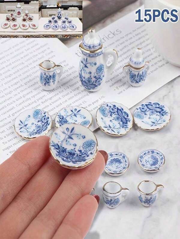 Conjunto de 15 peças de chá em miniatura de porcelana branca vintage, bule, xícara, prato, talheres, modelo de casa, itens de decoração de quarto, móveis, itens essenciais de Natal