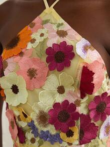 GENKIRA 新款优雅时尚女士长裙，3D 花朵细节，露背，束腰，修身，透视，适合婚礼和约会 - 黃色 - 查看 7